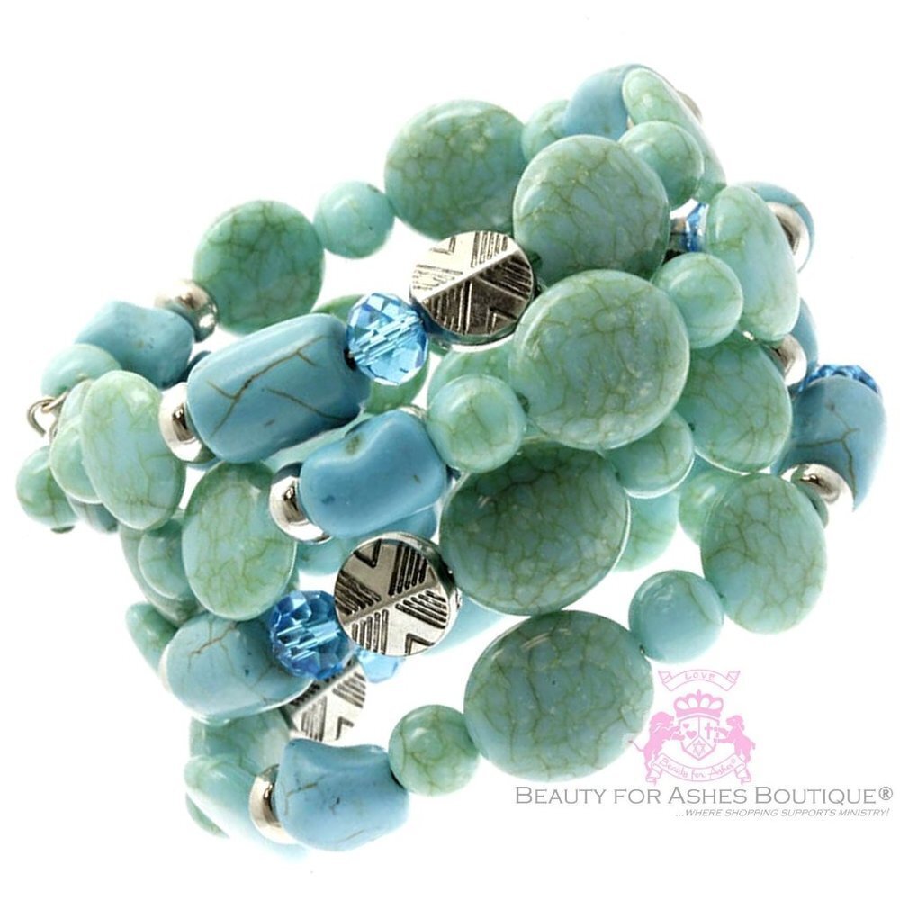Rustic Adjustable Chunky Beaded Faux Turquoise Stone Silver Coil Bracelet NWT